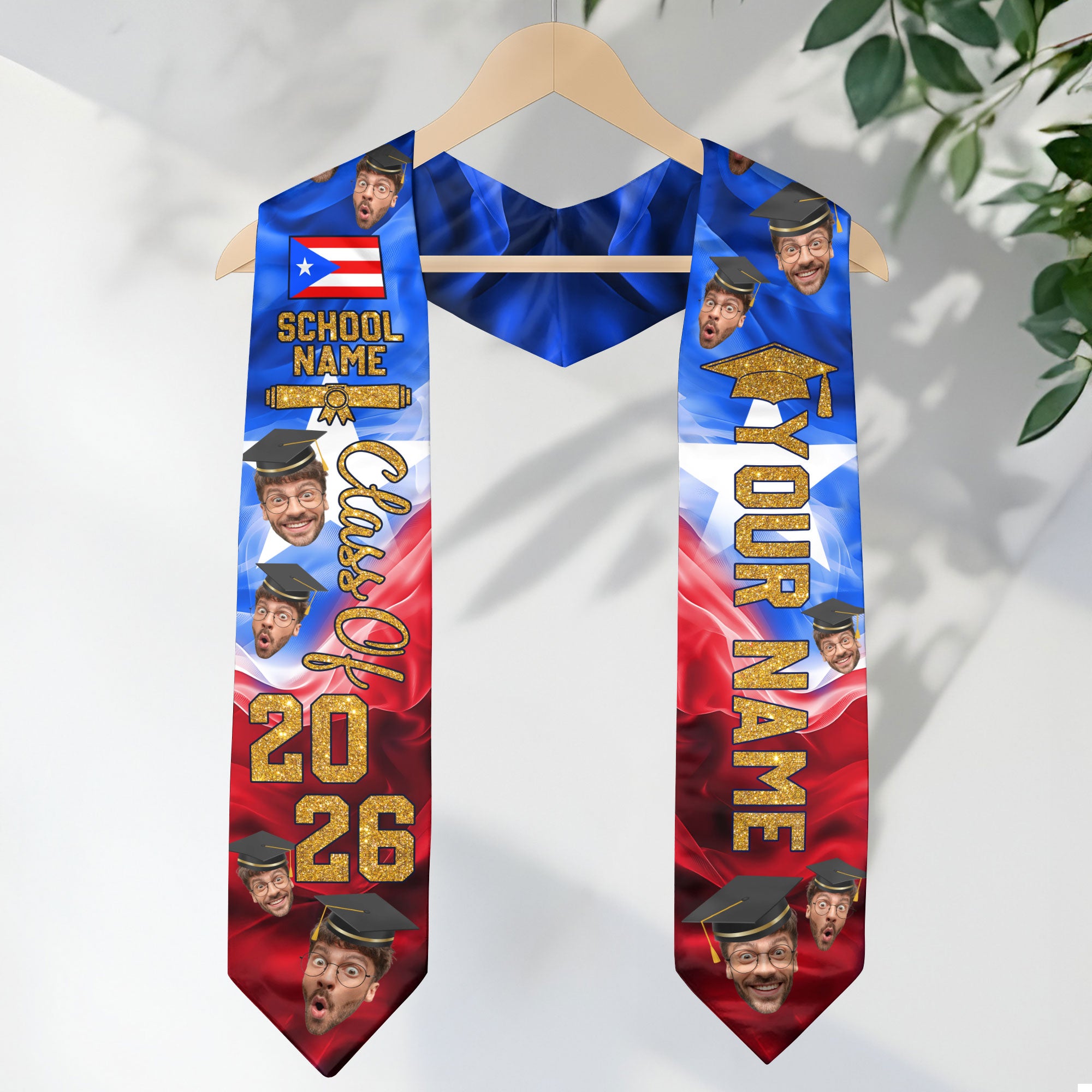 Custom Photo Face Puerto Rico Flag Graduation Class of 2026 Personalized Graduation Sash