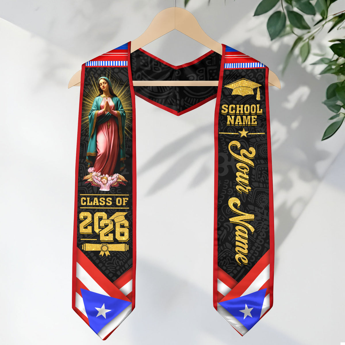 Custom Puerto Rico Flag Virgin Mary Taino Tribal Class of 2026 Graduation Stole