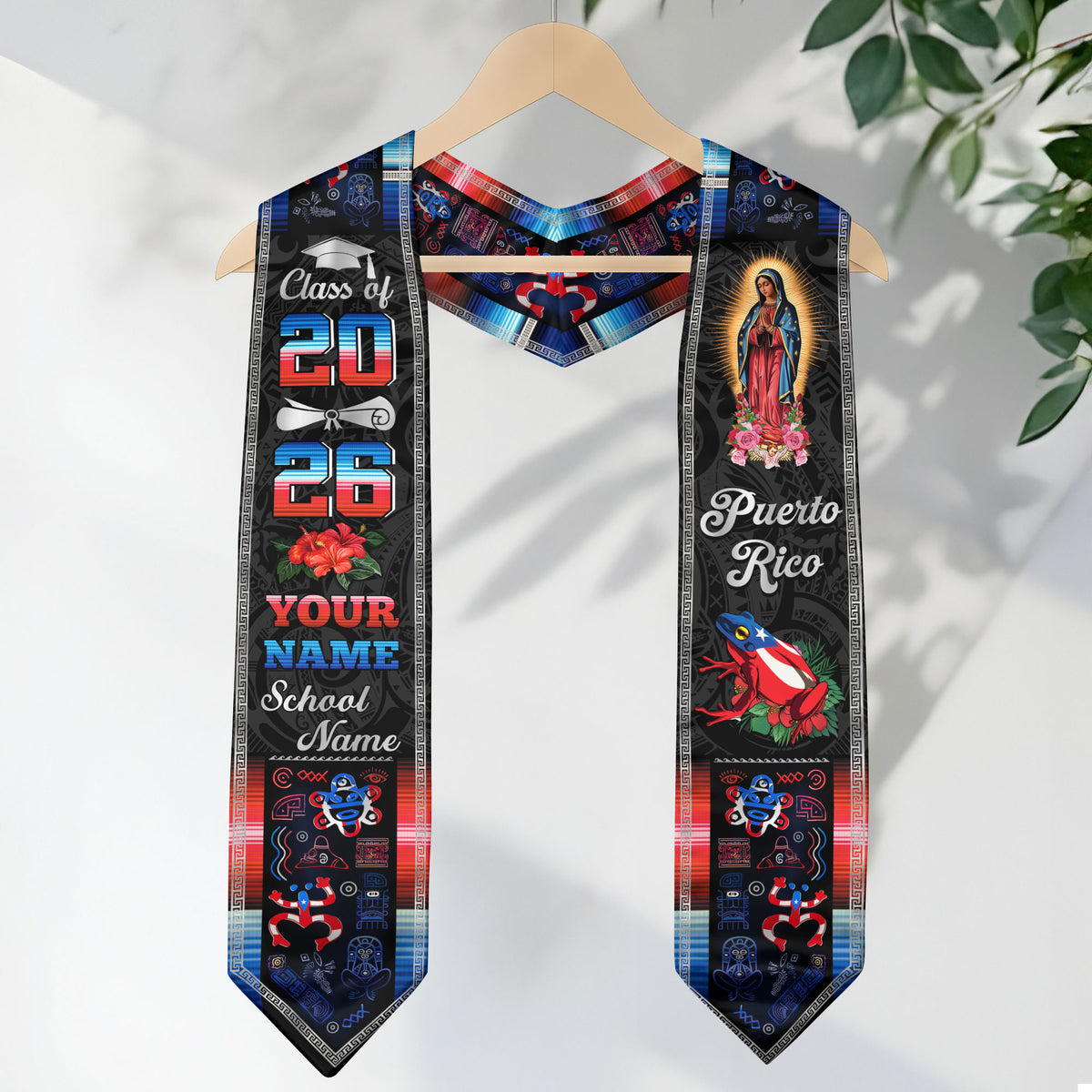 Custom Puerto Rico Graduation Stole 2026 Virgin Mary Coqui Frog Hibiscus Graduation Sash