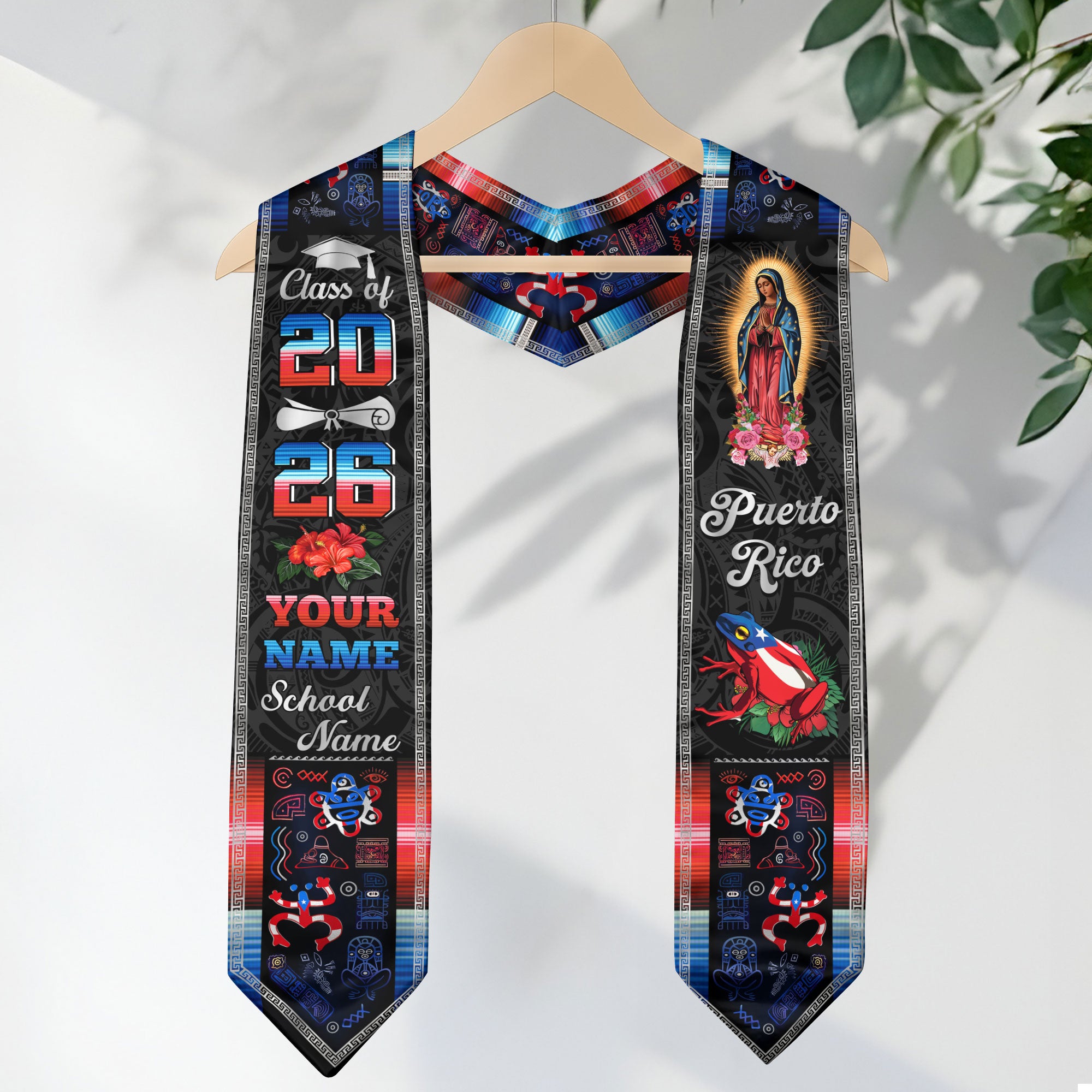 Custom Puerto Rico Graduation Stole 2026 Virgin Mary Coqui Frog Hibiscus Graduation Sash