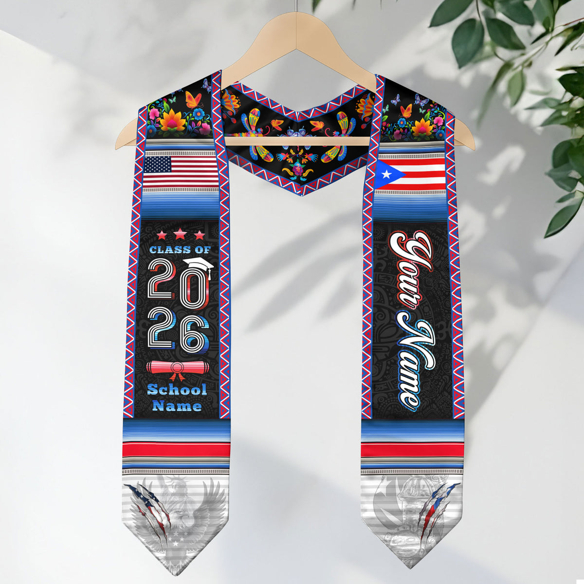 Custom Puerto Rico American Flag Graduation Sash 2026 Eagle Floral Puerto Rico Stole