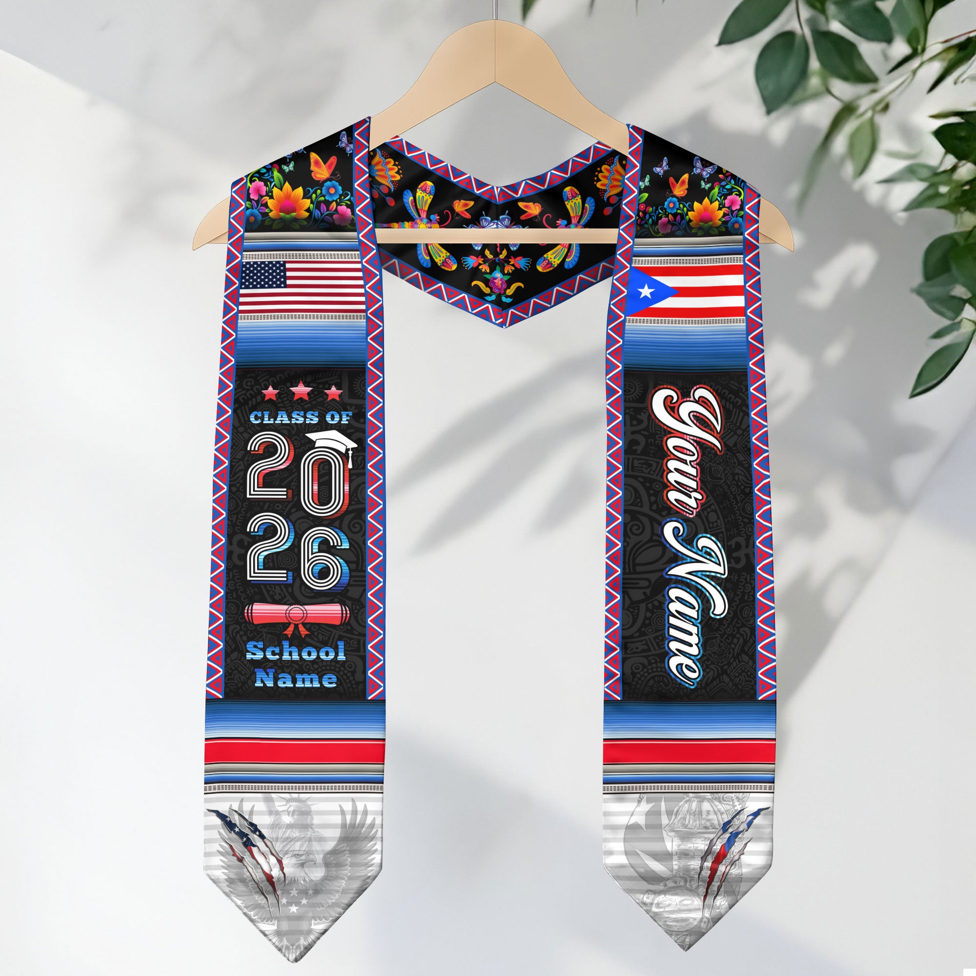 Custom Puerto Rico American Flag Graduation Sash 2026 Eagle Floral Puerto Rico Stole