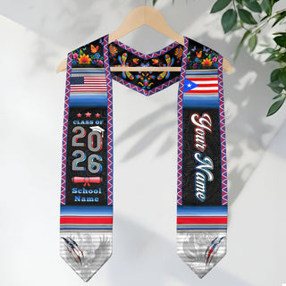 Custom Puerto Rico American Flag Graduation Sash 2026 Eagle Floral Puerto Rico Stole