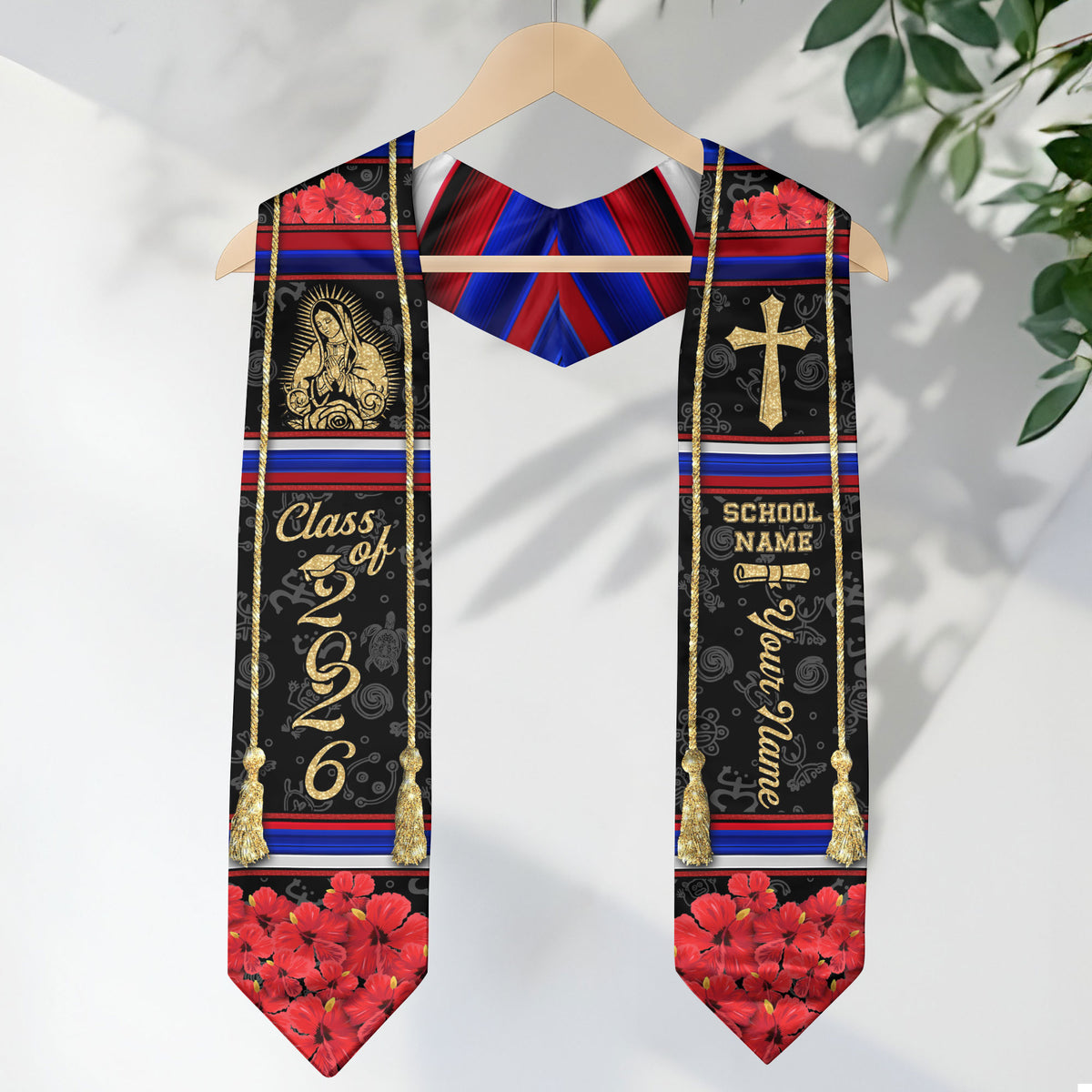 Puerto Rico Graduation Stole Virgin Mary & Cross Floral Class of 2026 Senior Sash