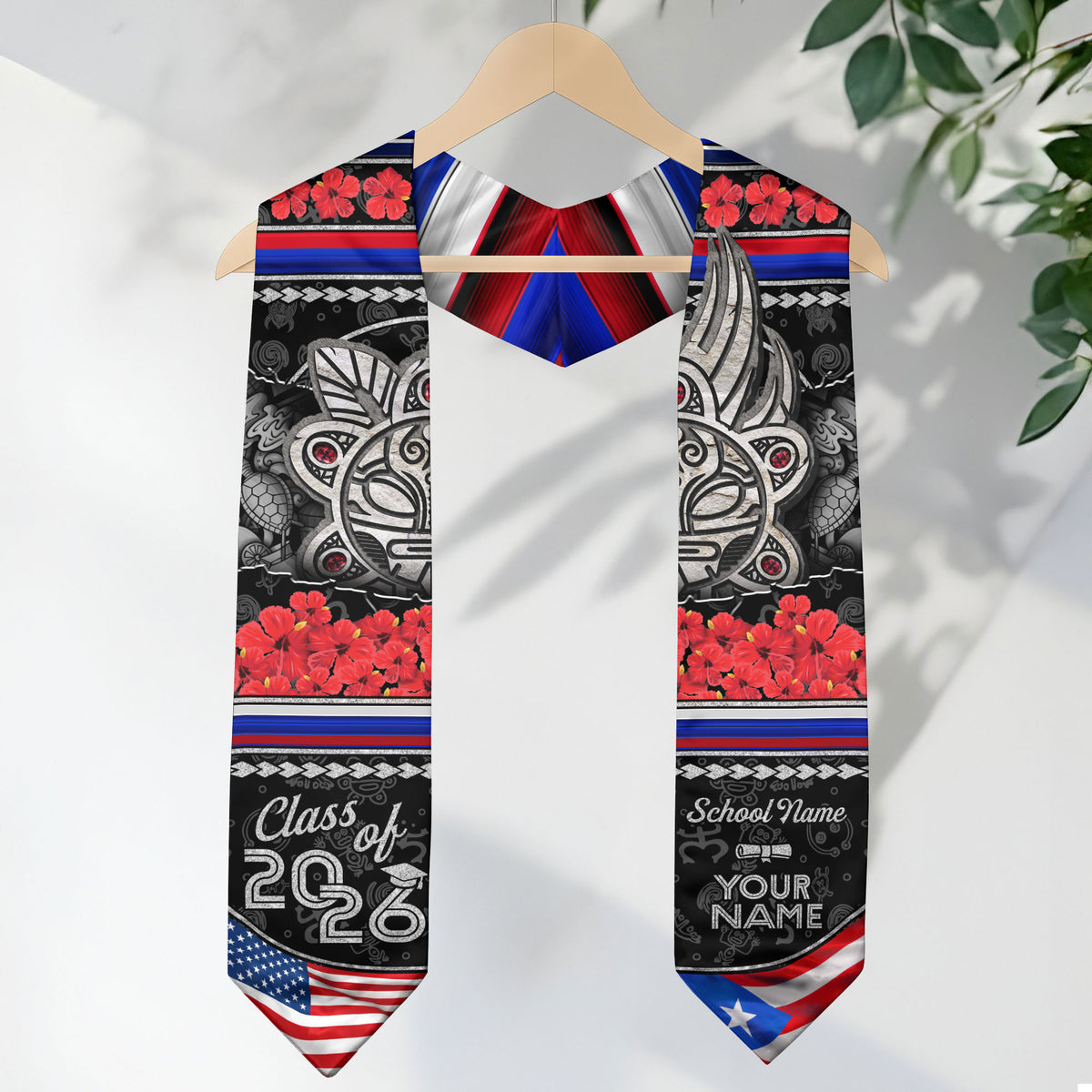 Custom Puerto Rico Graduation Stole Class of 2026 Hibiscus Flower Taino Art Flag Sash