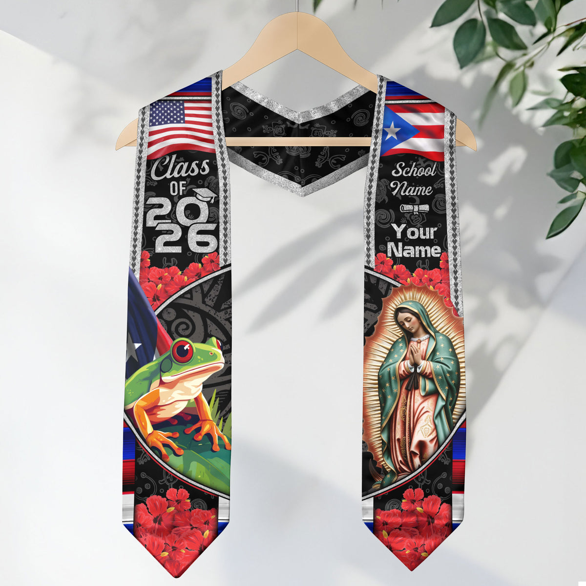 Custom Puerto Rico American Flag Graduation Sash 2026 Coqui Frog Virgin Mary Stole