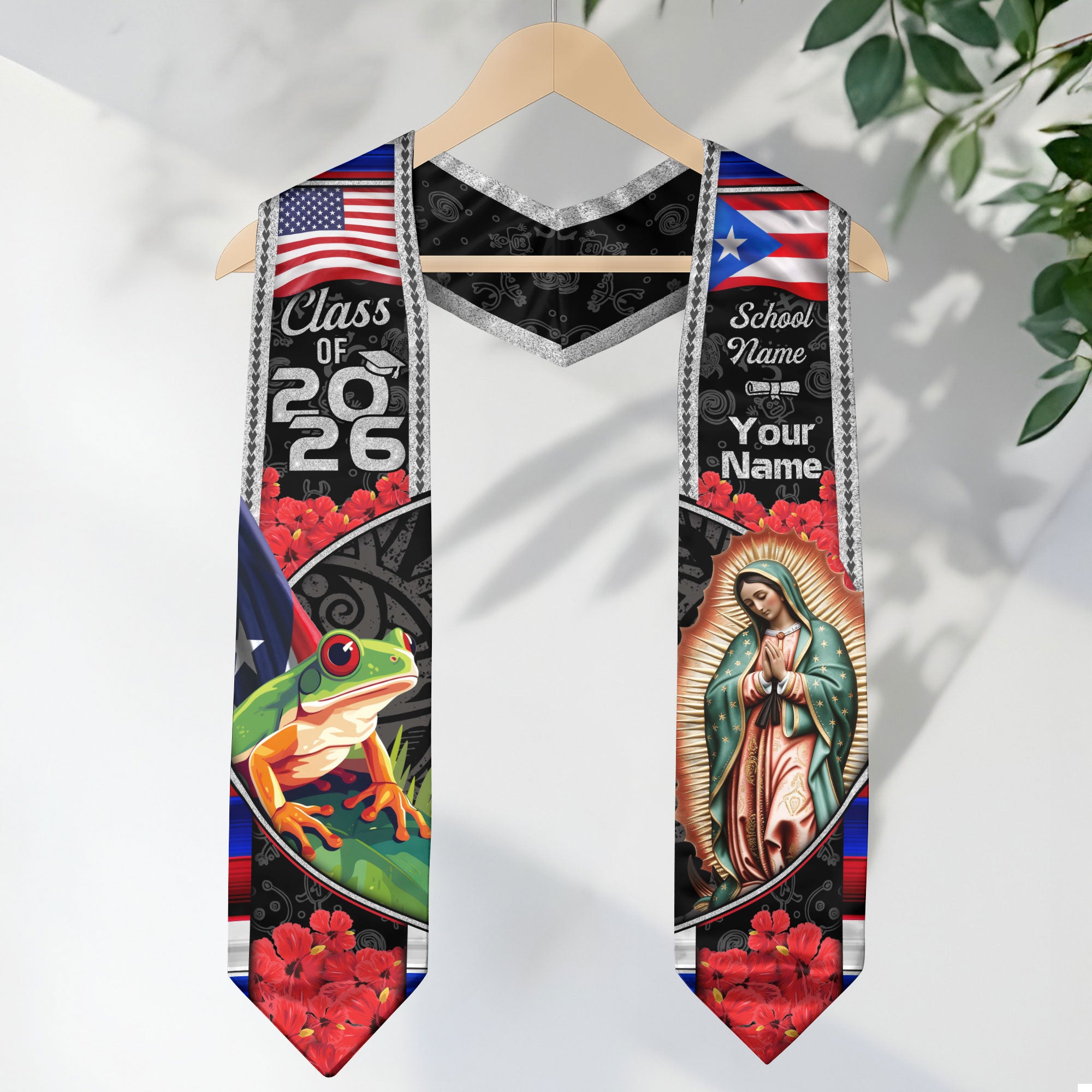 Custom Puerto Rico American Flag Graduation Sash 2026 Coqui Frog Virgin Mary Stole