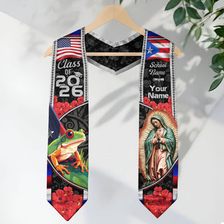 Custom Puerto Rico American Flag Graduation Sash 2026 Coqui Frog Virgin Mary Stole