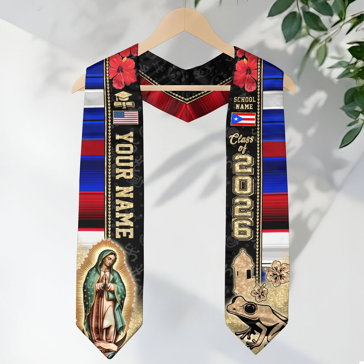 Custom Puerto Rico Graduation Sash 2026 Virgin Mary Coqui Frog American Flag Stole