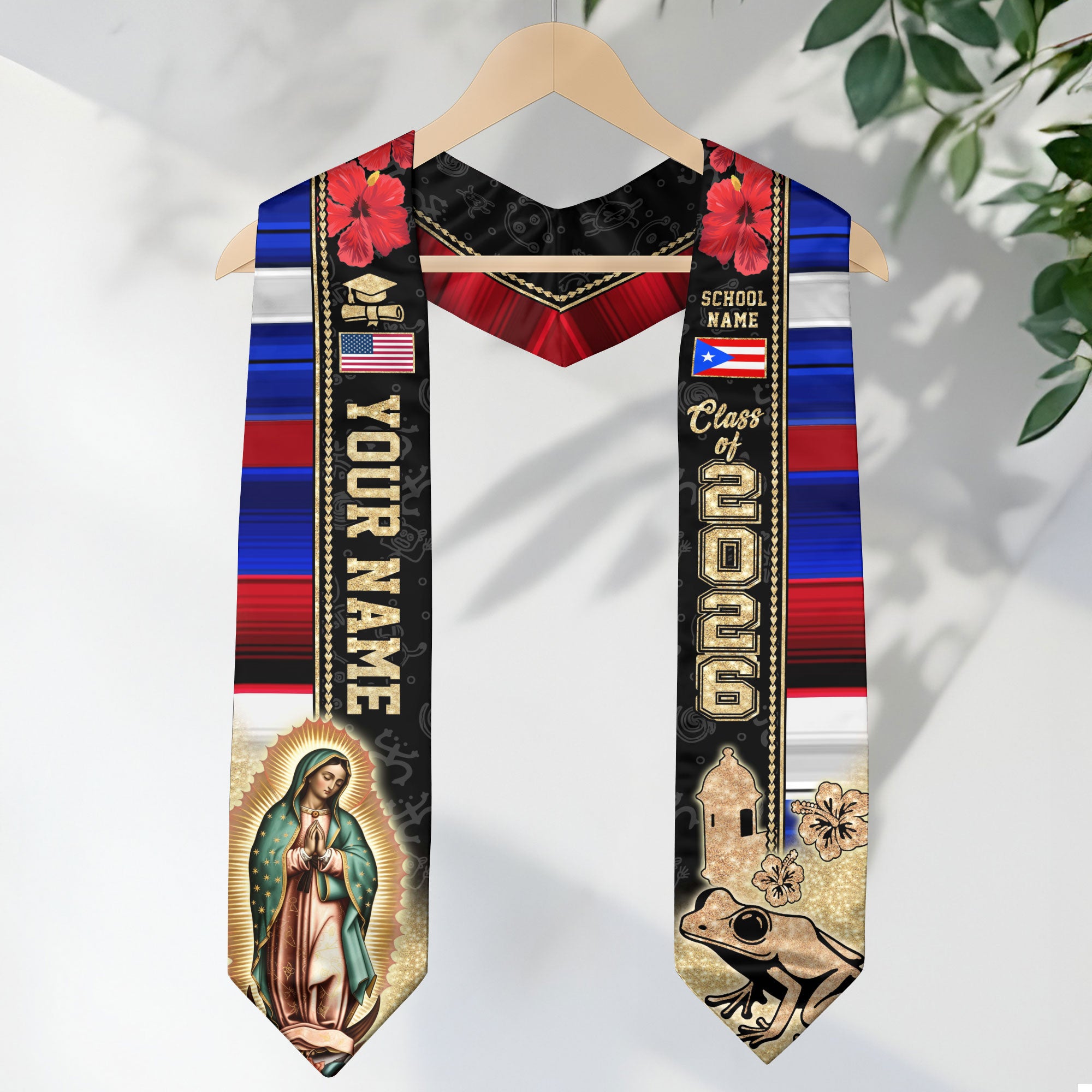 Custom Puerto Rico Graduation Sash 2026 Virgin Mary Coqui Frog American Flag Stole