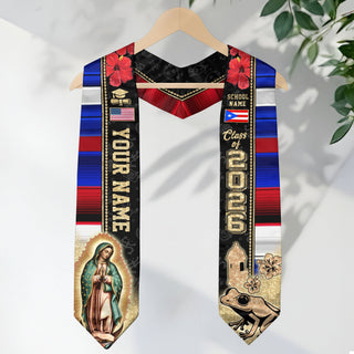 Custom Puerto Rico Graduation Sash 2026 Virgin Mary Coqui Frog American Flag Stole