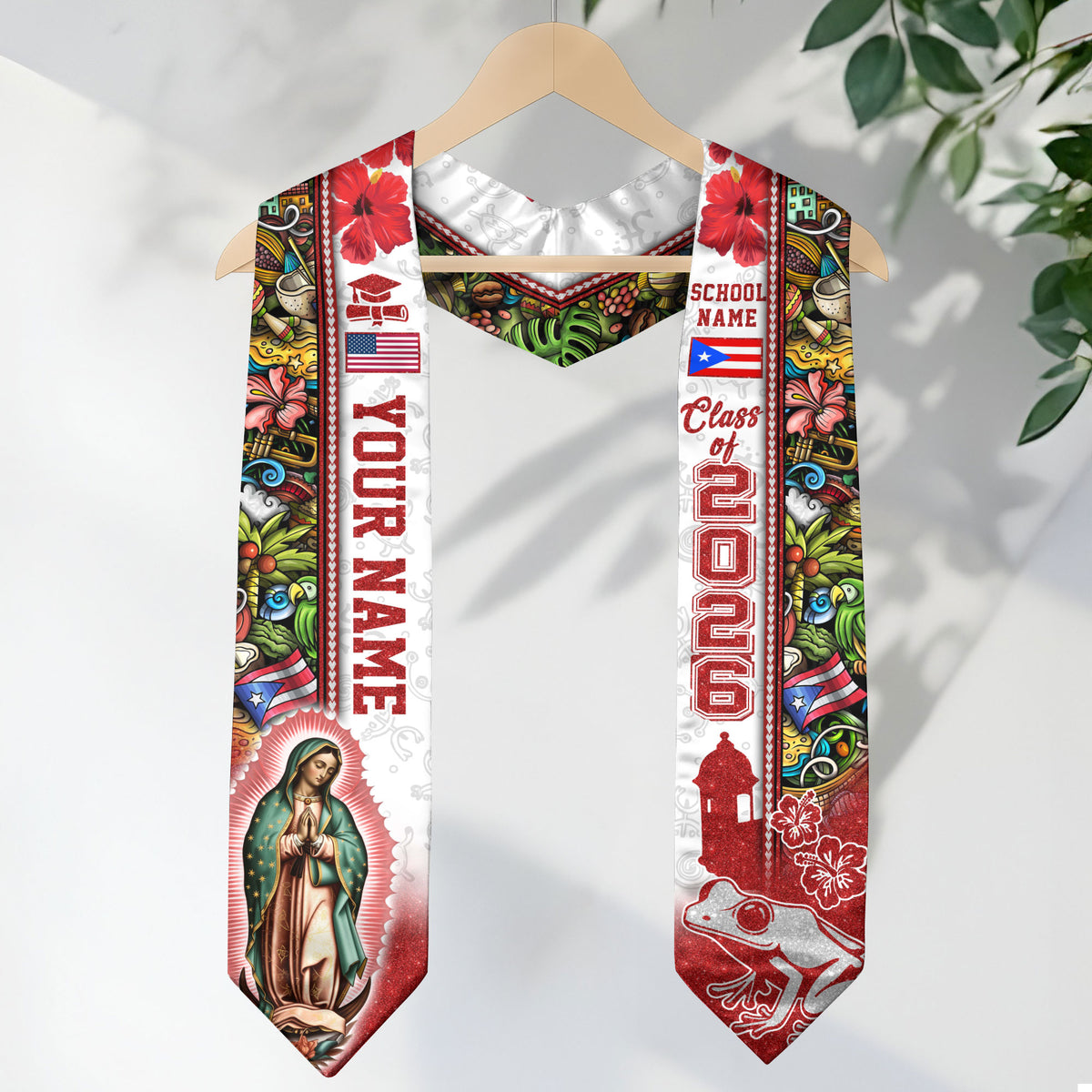 Custom Puerto Rico Graduation Sash 2026 Virgin Mary American Flag Coqui Frog Stole Gift