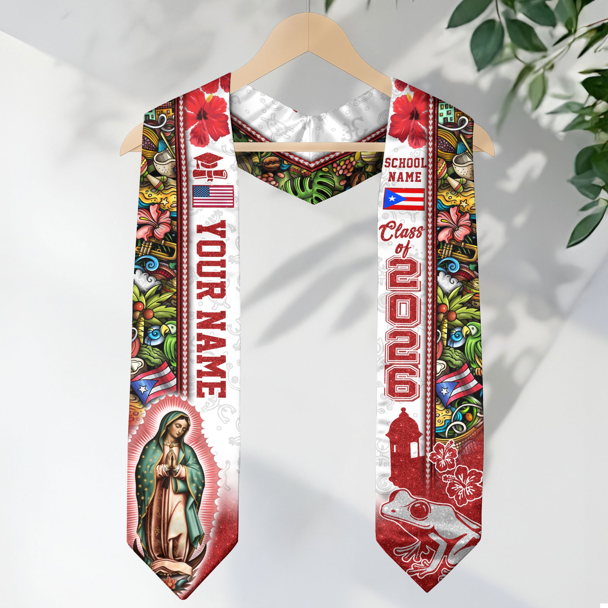 Custom Puerto Rico Graduation Sash 2026 Virgin Mary American Flag Coqui Frog Stole Gift
