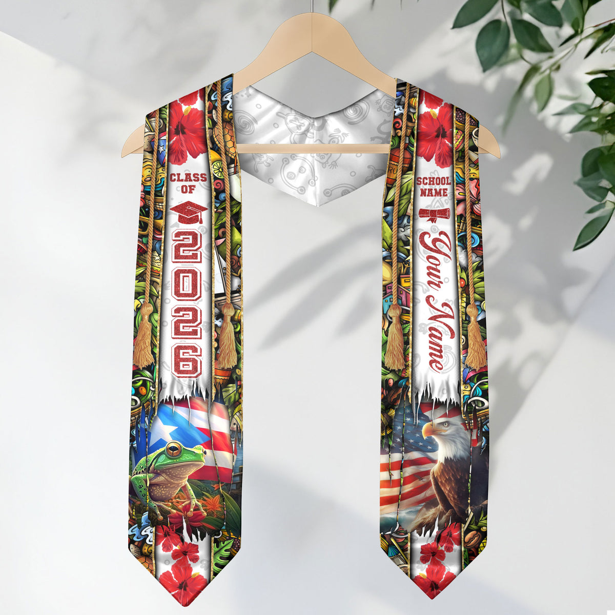 Puerto Rican American Flag Graduation Stole 2026 Custom Eagle Coqui Frog Graduation Sash