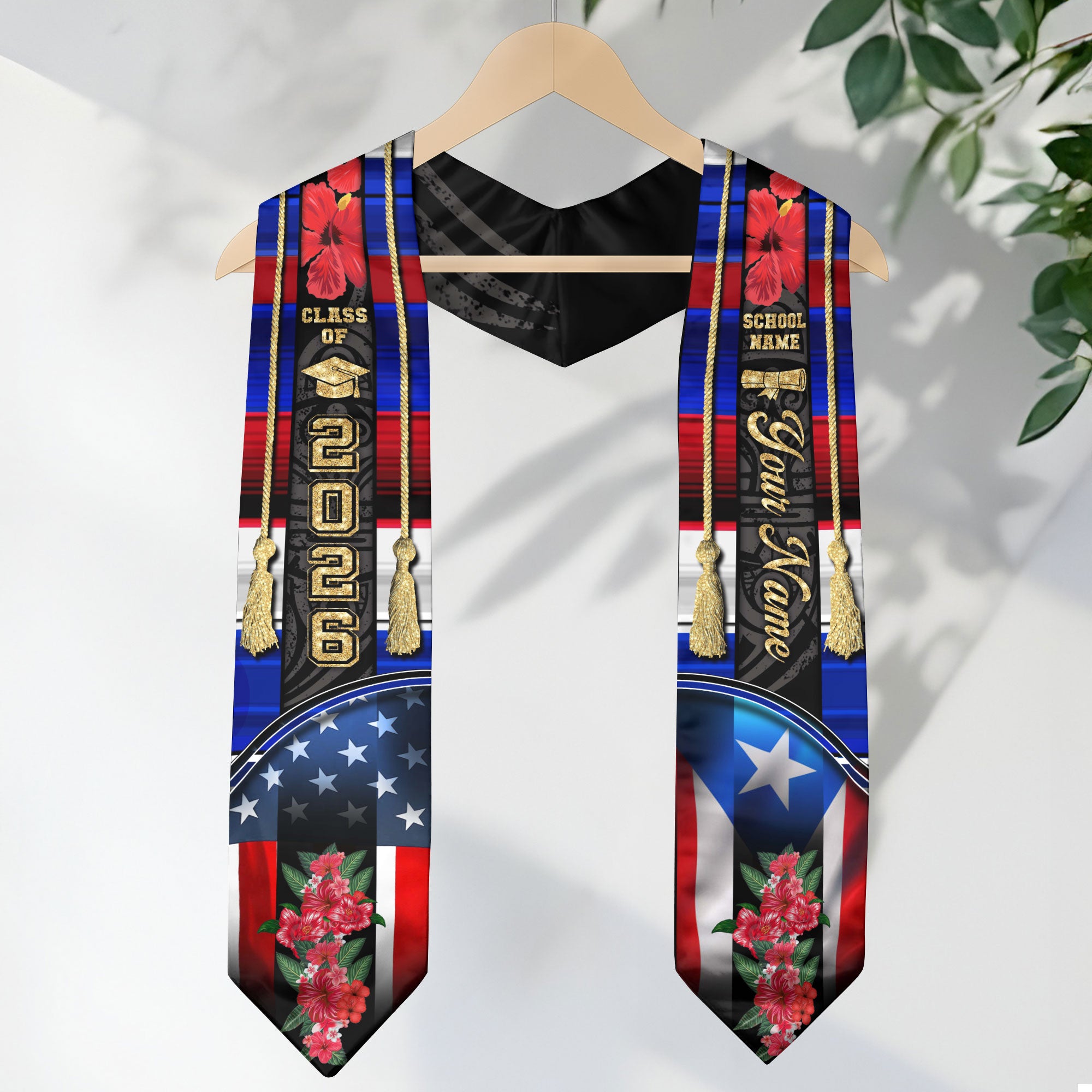 Puerto Rican American Flag Graduation Stole 2026 Custom Hibiscus Graduation Sash