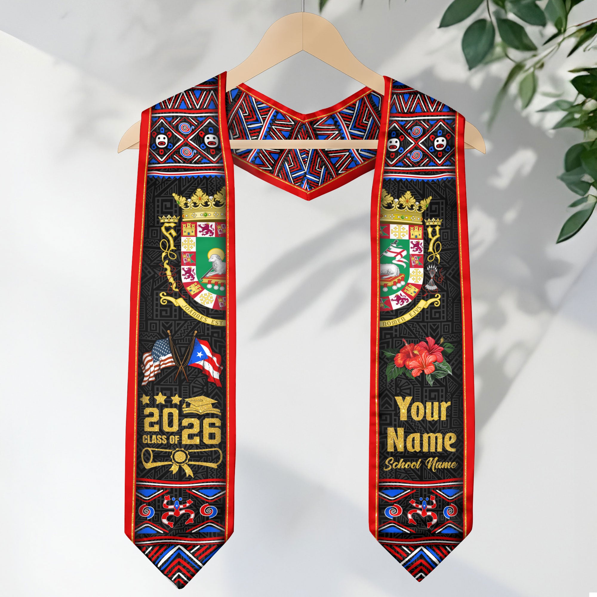 Custom Puerto Rico Graduation Stole 2026 Coat of Arms Flags Hibiscus Graduation Sash