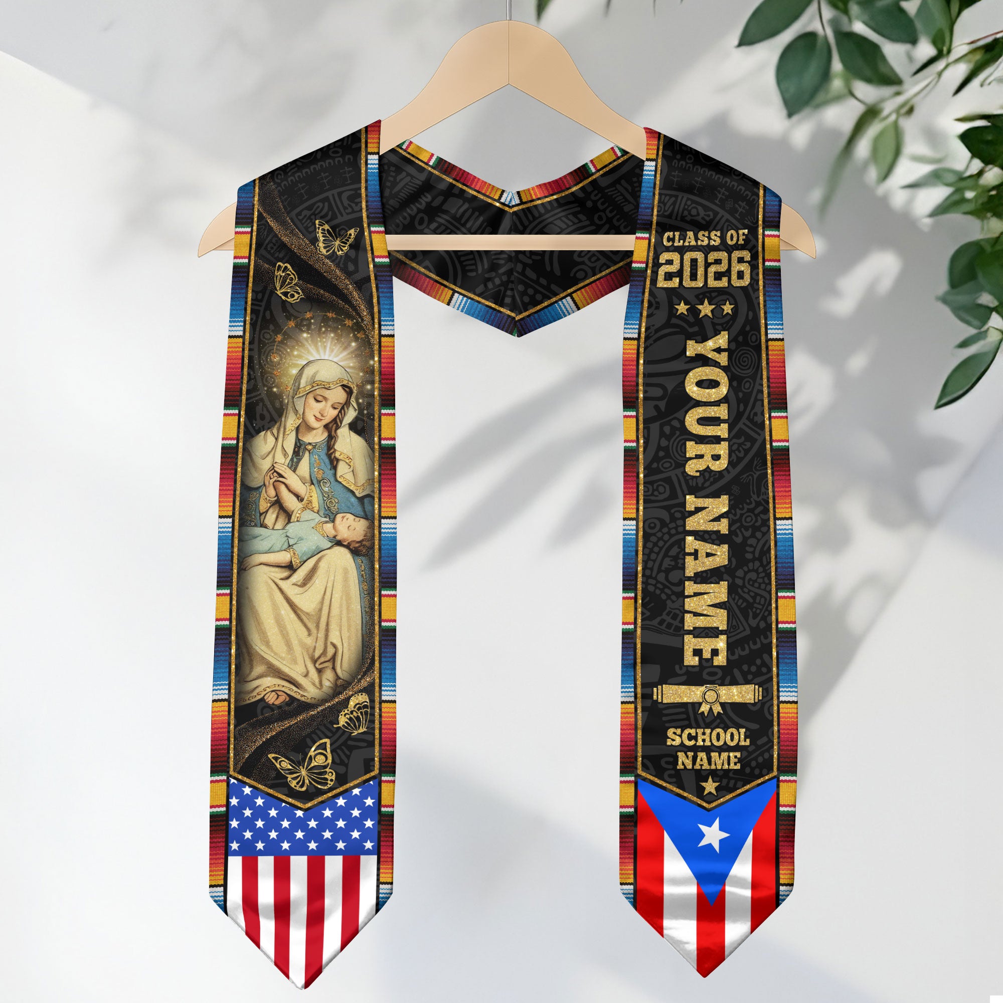 Custom Puerto Rico Graduation Stole 2026 Virgin Mary Butterfly USA Flag Graduation Sash