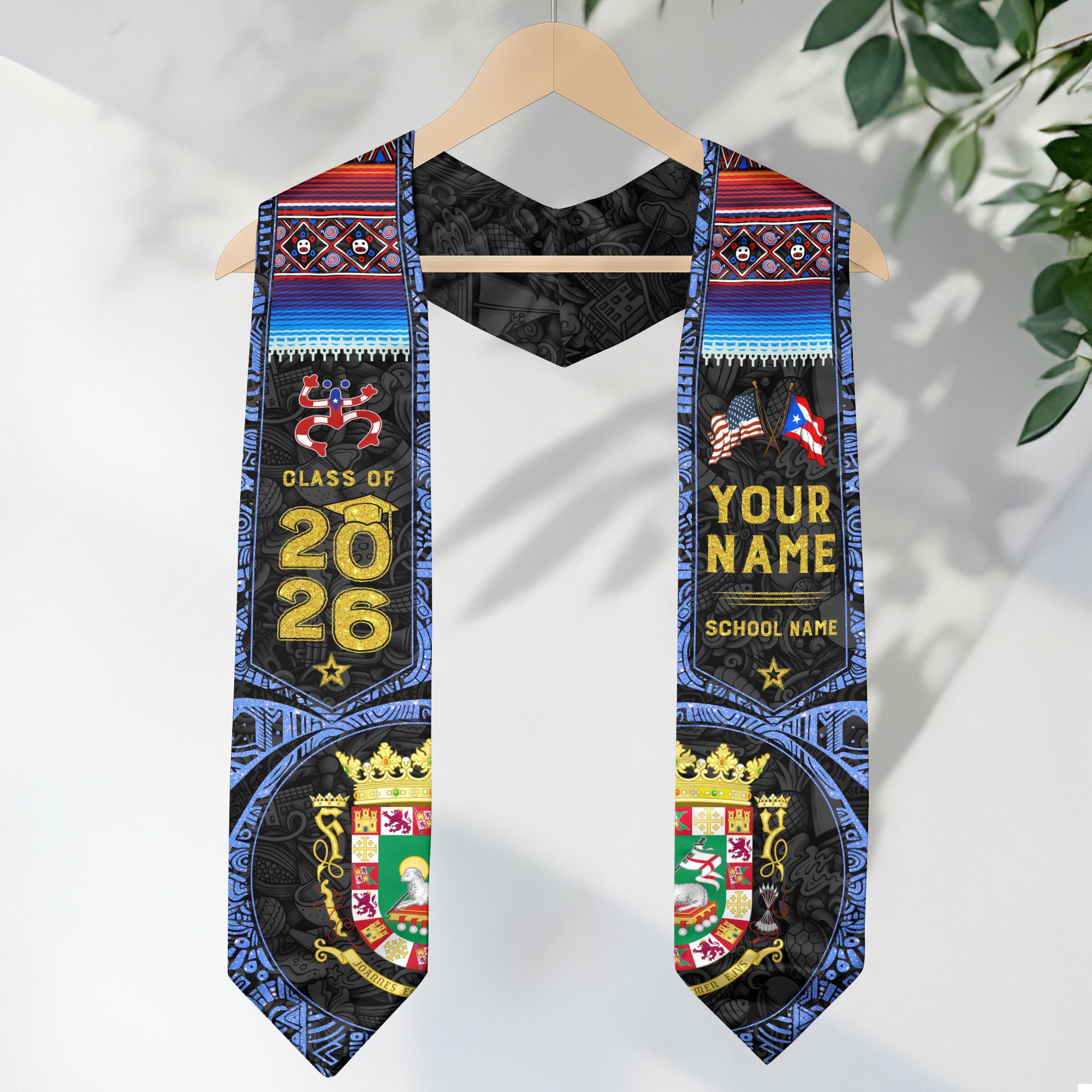 Personalized Puerto Rico Graduation Stole 2026 Heritage Flag Taino Art Graduation Sash