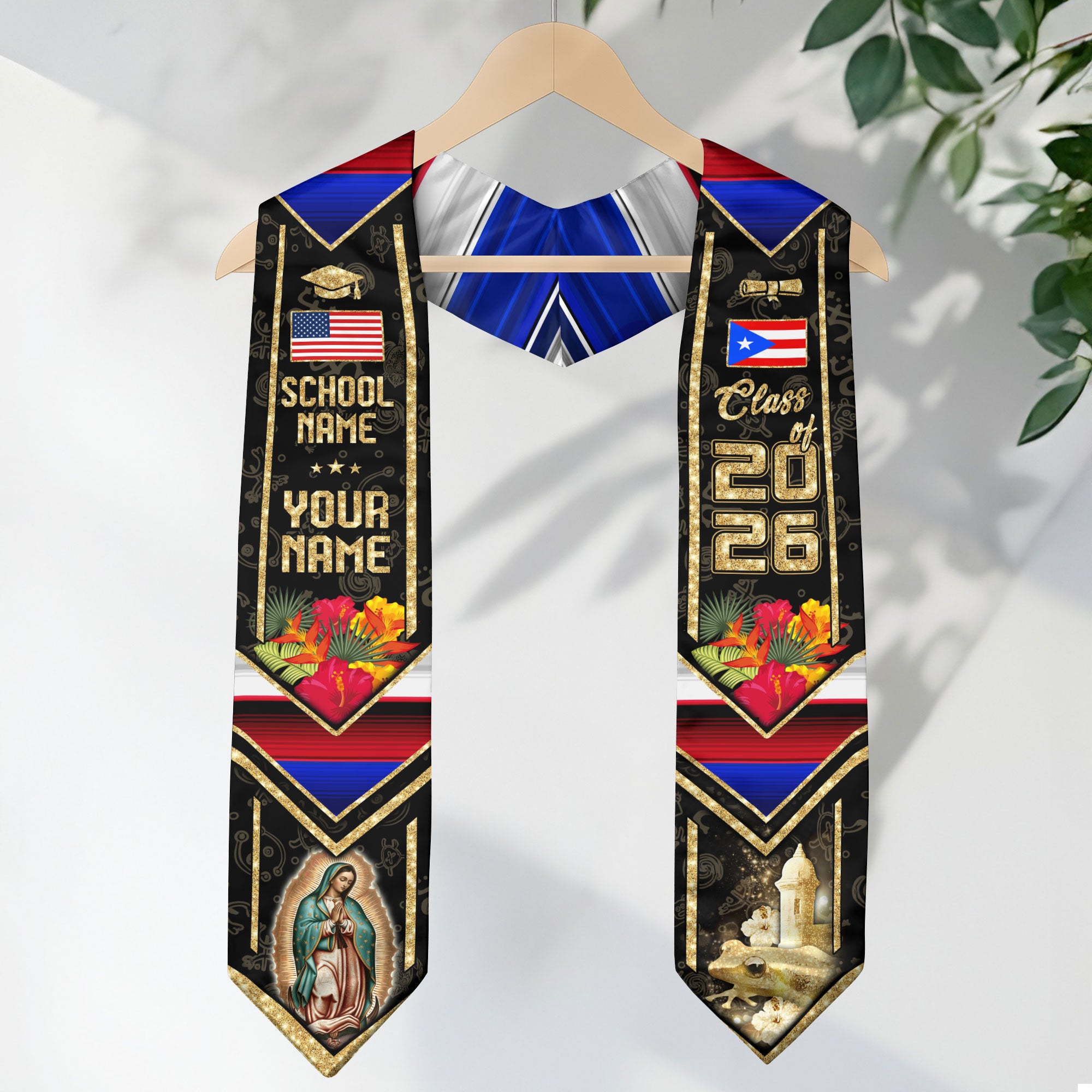 Custom Puerto Rico American Flag Graduation Sash Class of 2026 Puerto Rican Stole Coqui
