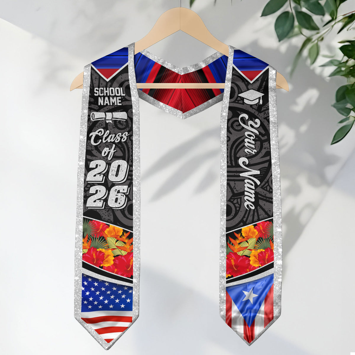 Custom Puerto Rico American Flag Graduation Sash 2026 Glitter Puerto Rican Stole Floral