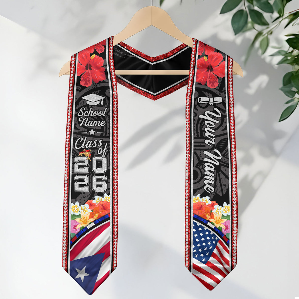 Custom Puerto Rico American Flag Graduation Sash 2026 Floral Glitter Tribal Puerto Rican Stole