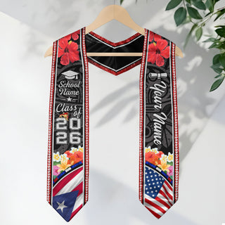 Custom Puerto Rico American Flag Graduation Sash 2026 Floral Glitter Tribal Puerto Rican Stole