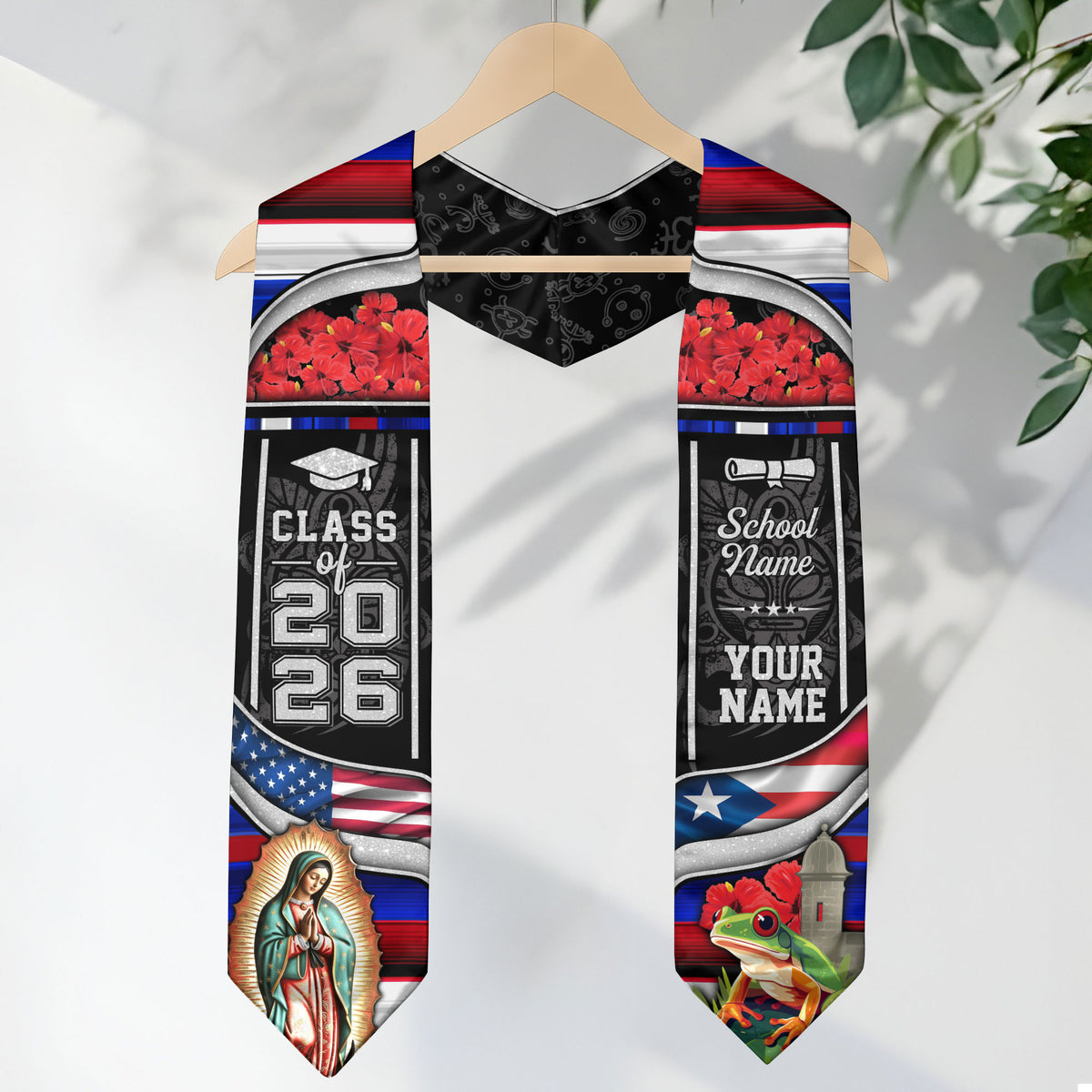 Custom Puerto Rico USA Flag 2026 Virgin Mary Coqui Puerto Rico Graduation Stole
