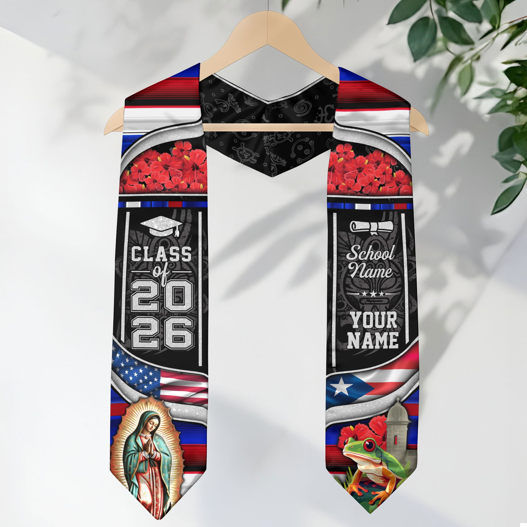 Custom Puerto Rico USA Flag 2026 Virgin Mary Coqui Puerto Rico Graduation Stole