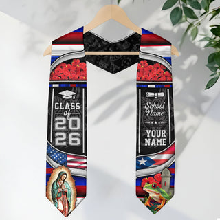 Custom Puerto Rico USA Flag 2026 Virgin Mary Coqui Puerto Rico Graduation Stole
