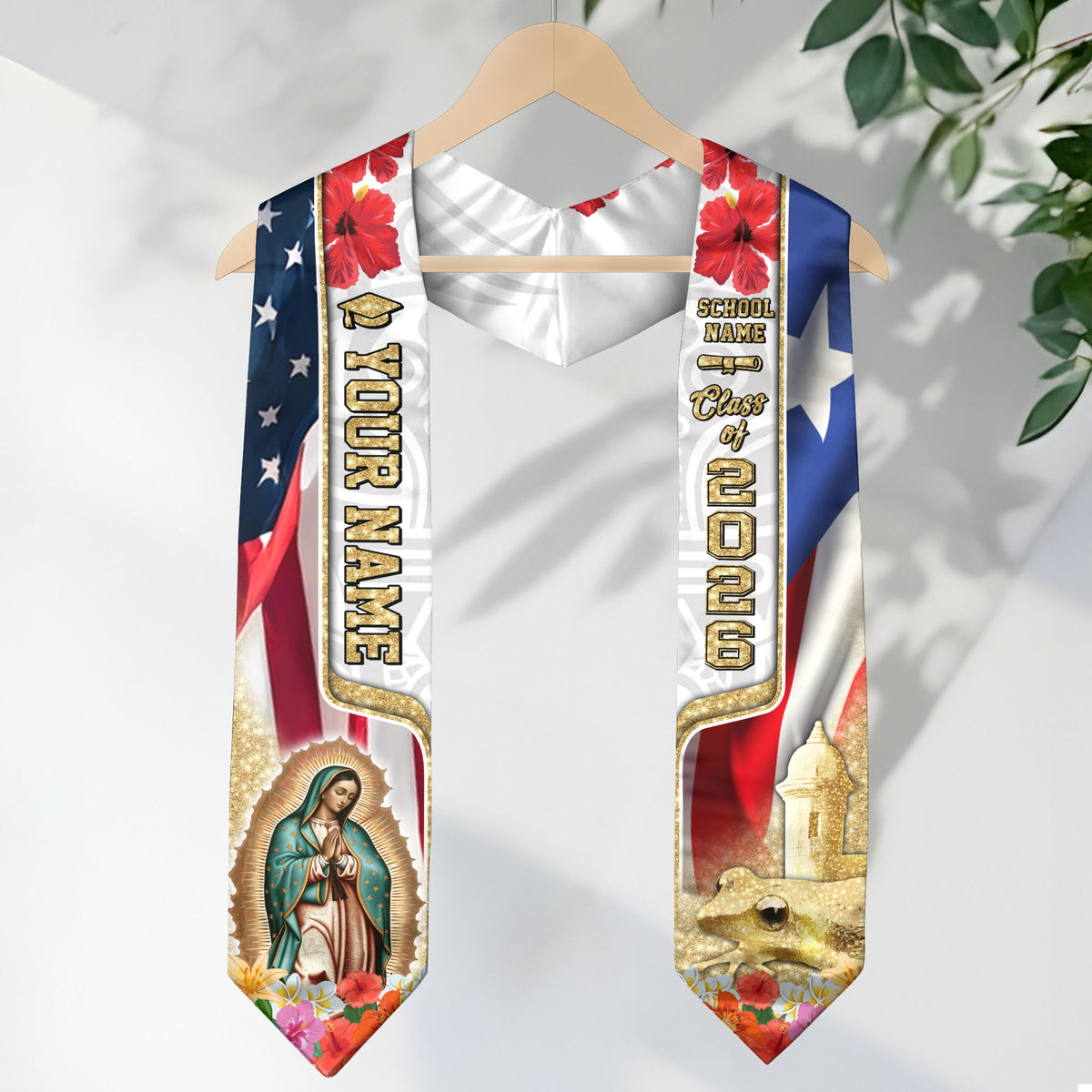 Custom Puerto Rico American Flag Virgin Mary Coqui 2026 Puerto Ricans Graduation Sash