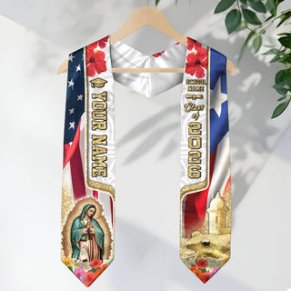 Custom Puerto Rico American Flag Virgin Mary Coqui 2026 Puerto Ricans Graduation Sash