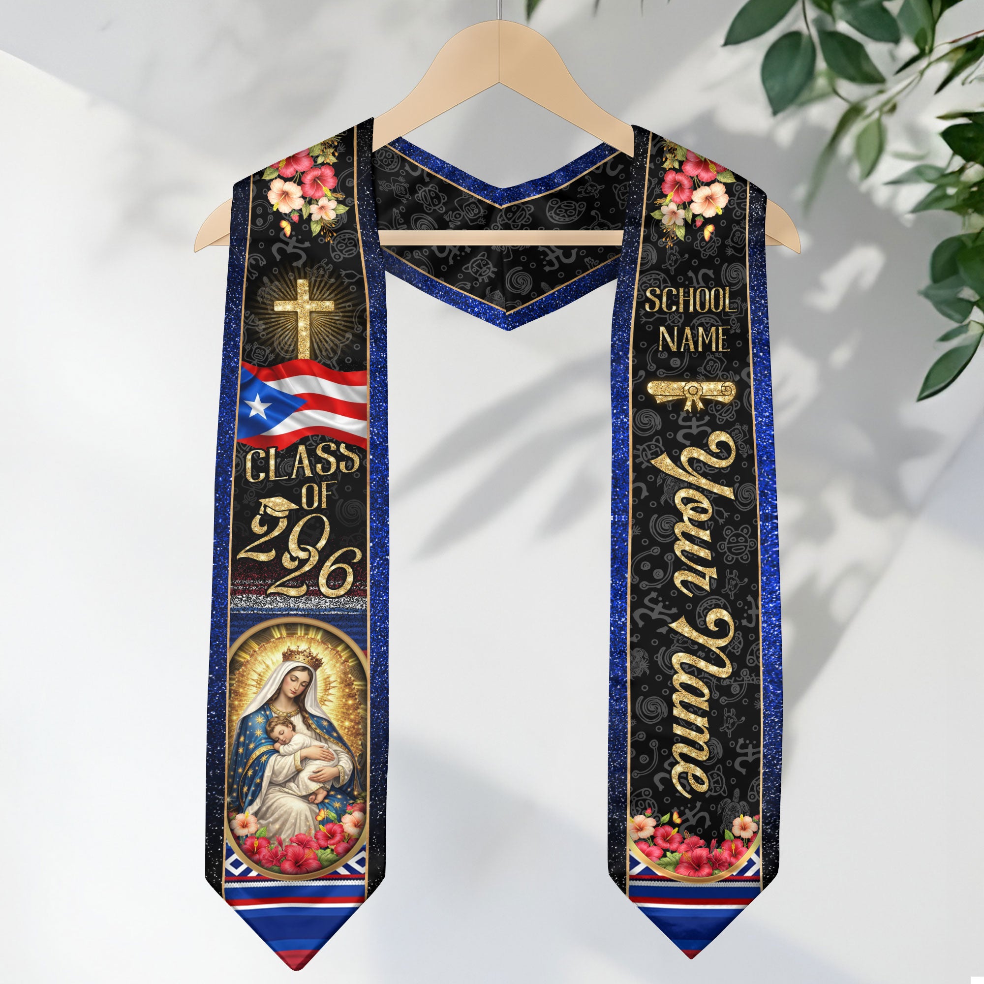 Custom Puerto Rico Graduation Stole Class of 2026 Virgin Mary Cross Catholic Sash Gift