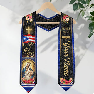 Custom Puerto Rico Graduation Stole Class of 2026 Virgin Mary Cross Catholic Sash Gift