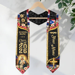 Custom Puerto Rico Graduation Stole Class of 2026 Virgin Mary Gold Cross Hibiscus Sash