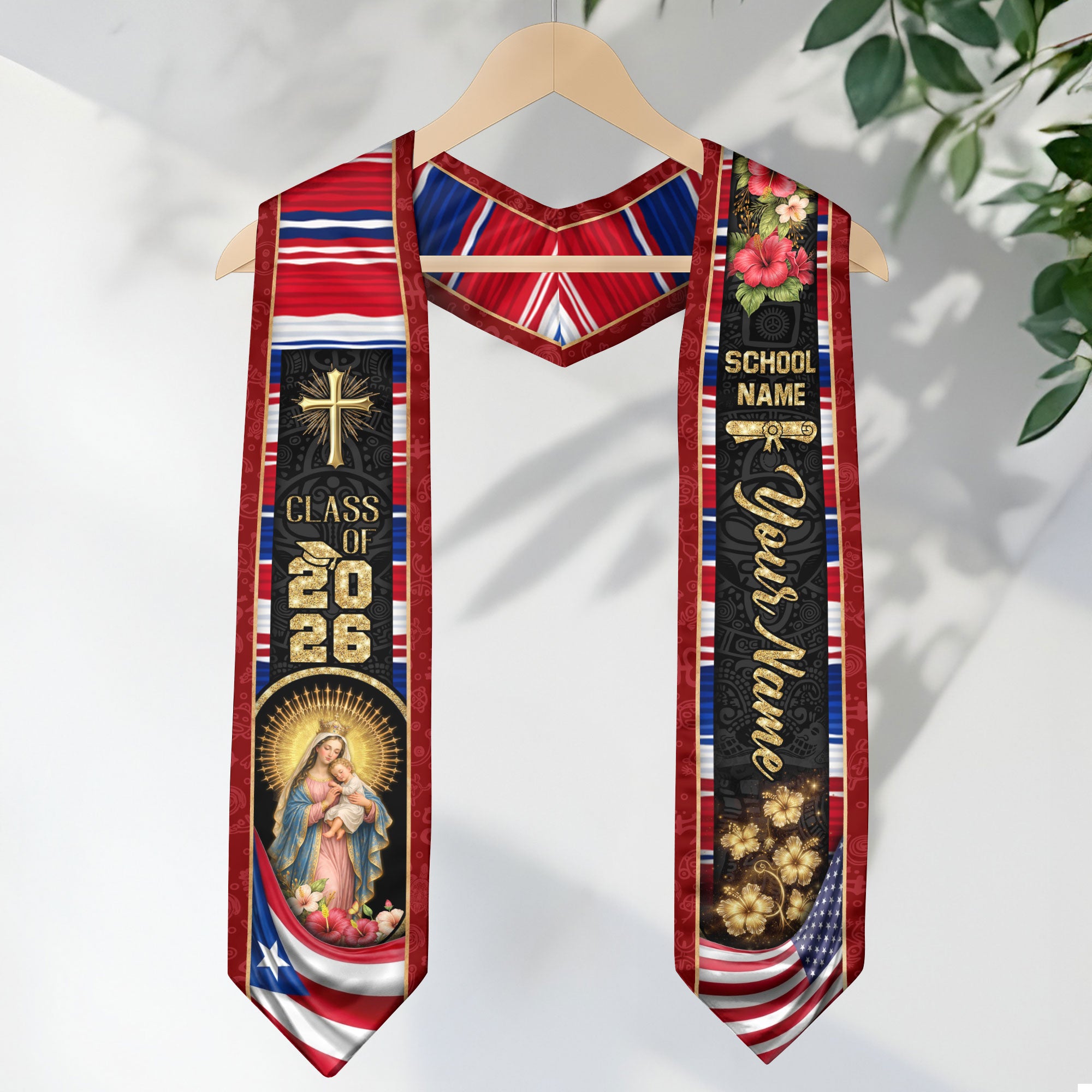Custom Graduation Stole Class of 2026 Puerto Rico Virgin Mary Personalized Name Sash