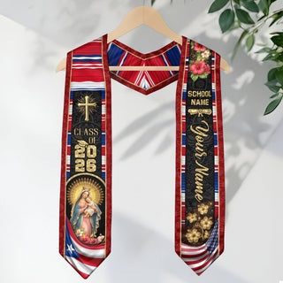 Custom Graduation Stole Class of 2026 Puerto Rico Virgin Mary Personalized Name Sash