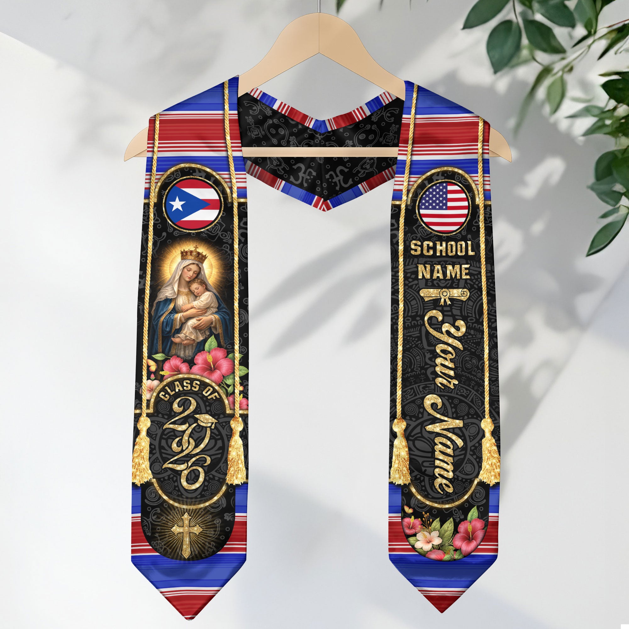 Custom Graduation Stole Class of 2026 Puerto Rico USA Virgin Mary Personalized Name Sash