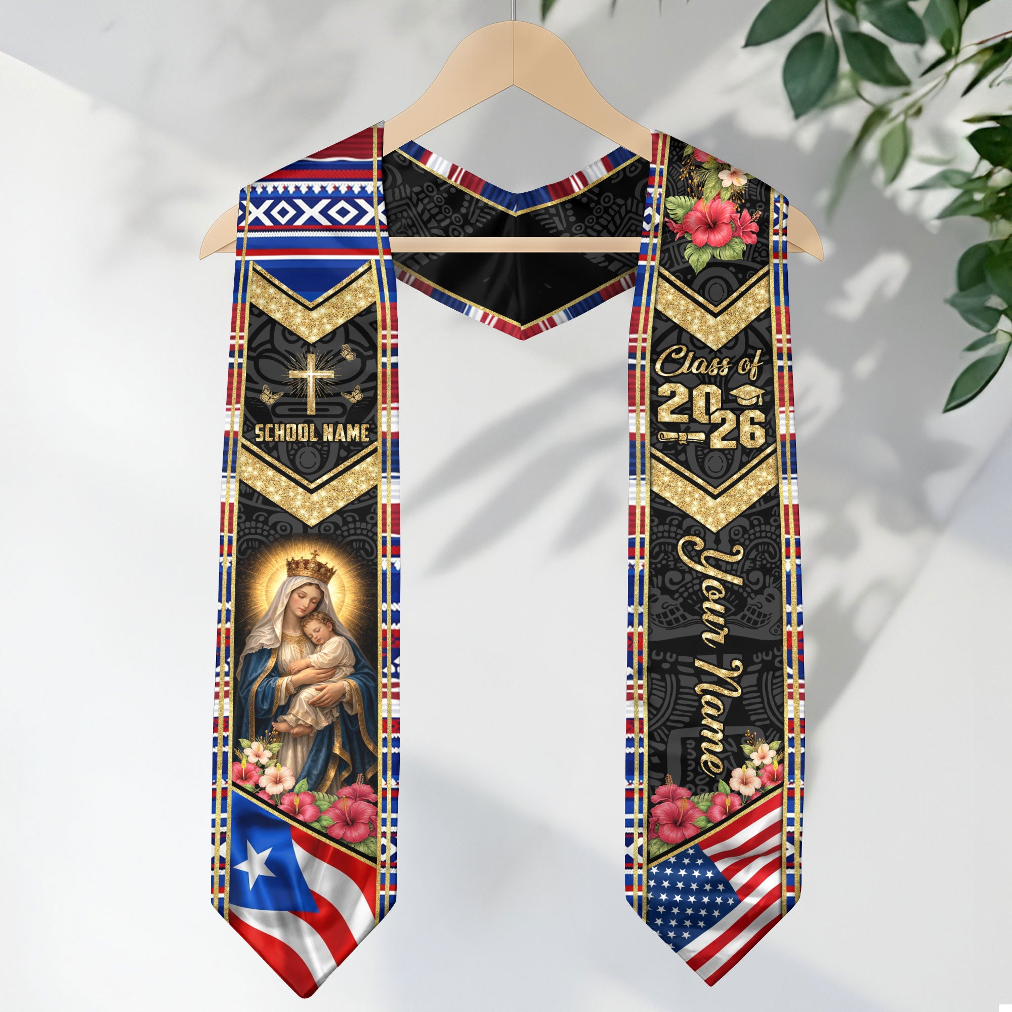 Custom Puerto Rico USA Graduation Stole 2026 Virgin Mary Cross Catholic Heritage Sash Gift