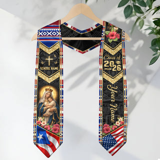 Custom Puerto Rico USA Graduation Stole 2026 Virgin Mary Cross Catholic Heritage Sash Gift