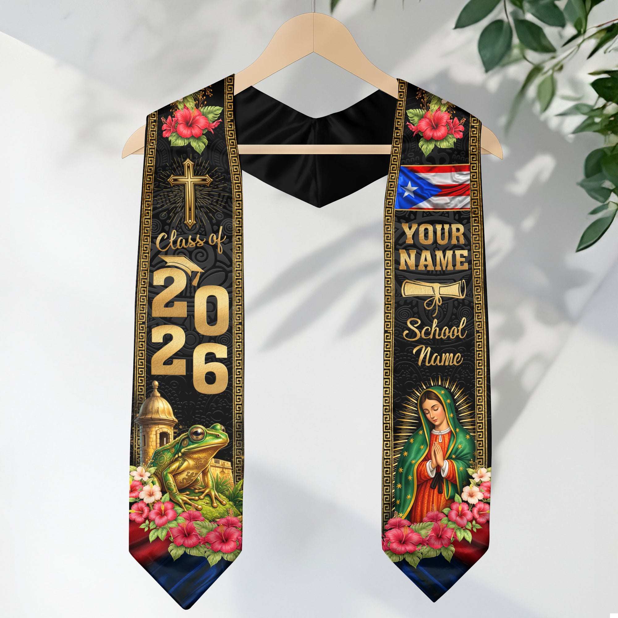Custom Puerto Rico Graduation Stole 2026 – Guadalupe Cross Coqui Flag Sash