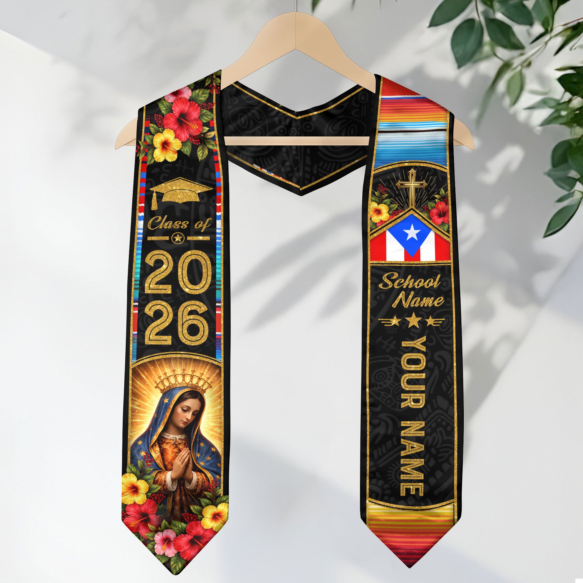 Puerto Rican Graduation Stole Custom 2026 Guadalupe Cross Flag Sash Gift