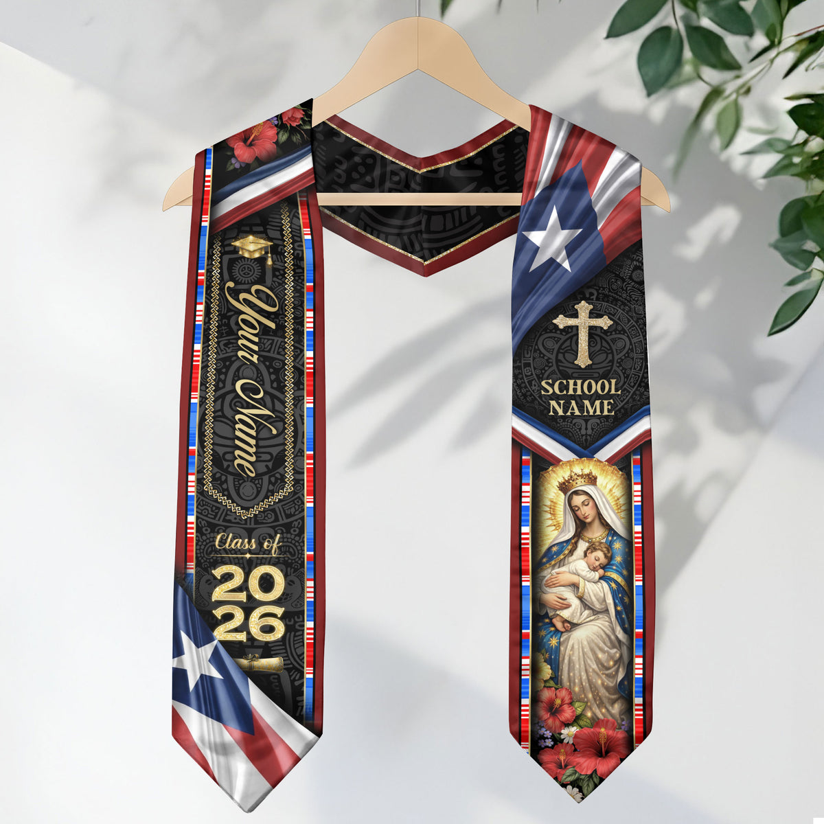 Puerto Rico Graduation Stole Class of 2026 - Custom Virgin Mary Heritage Sash