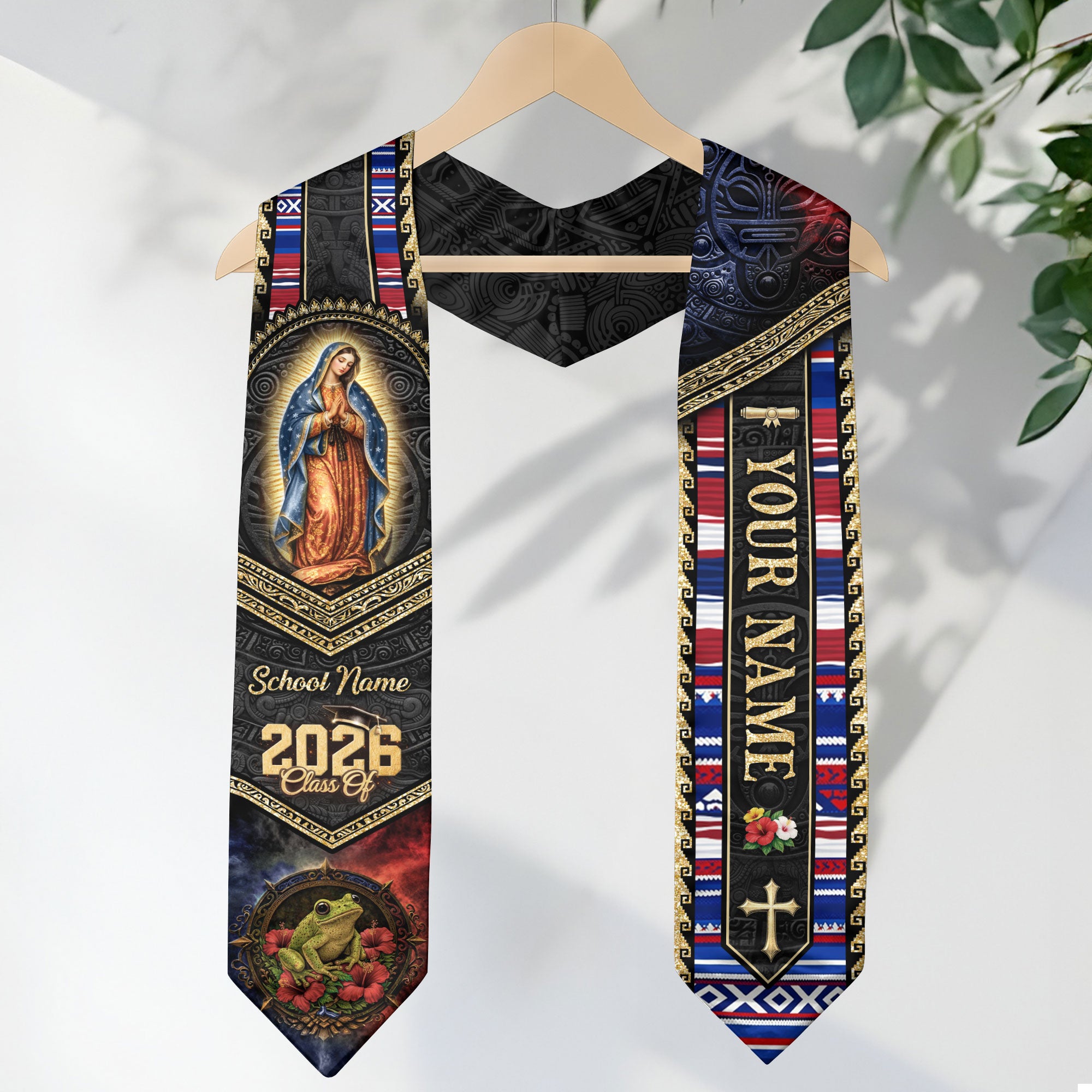Custom Puerto Rico Graduation Stole 2026 - Our Lady of Guadalupe Coqui Frog Sash