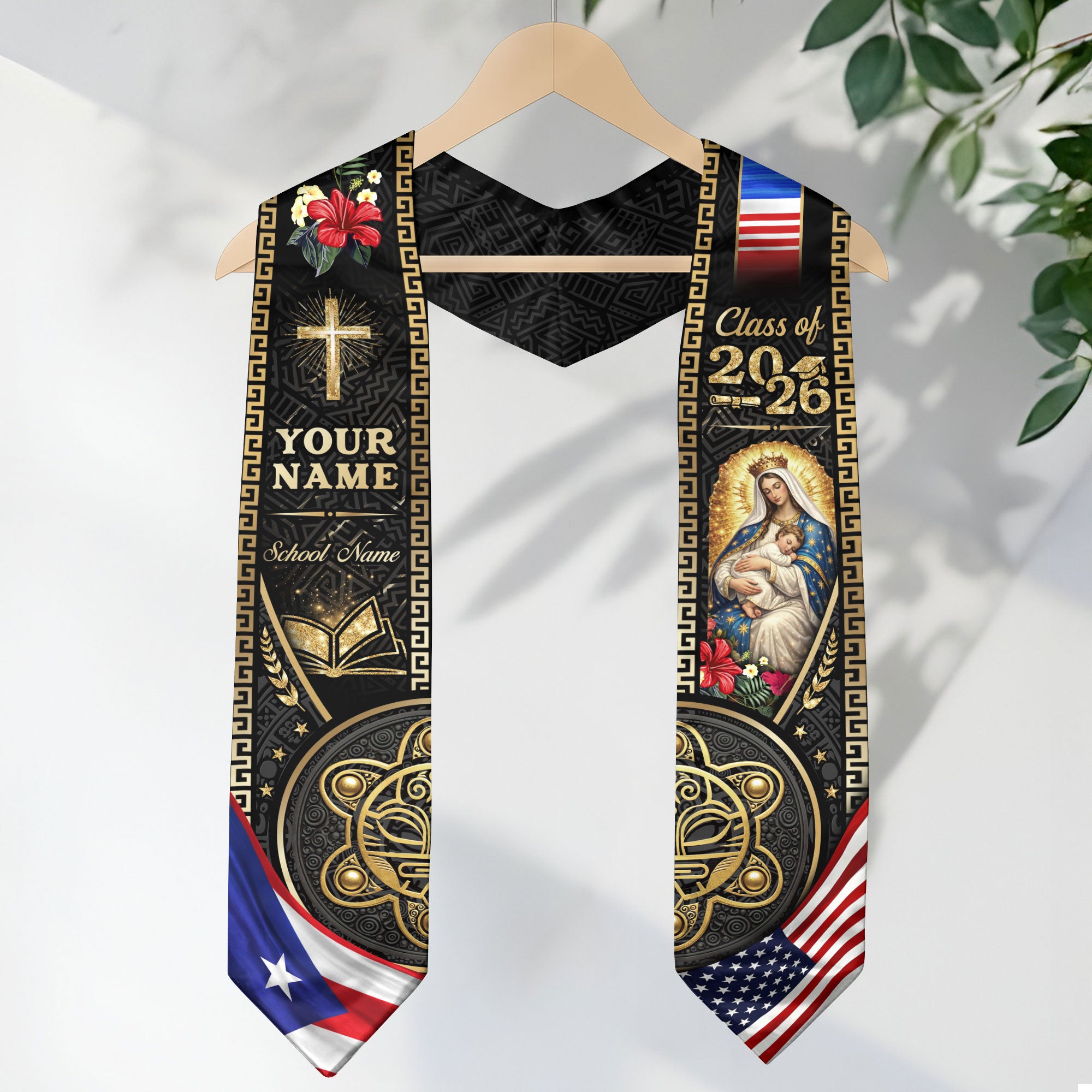 Puerto Rico USA Graduation Stole 2026 - Personalized Name Taino Heritage Sash