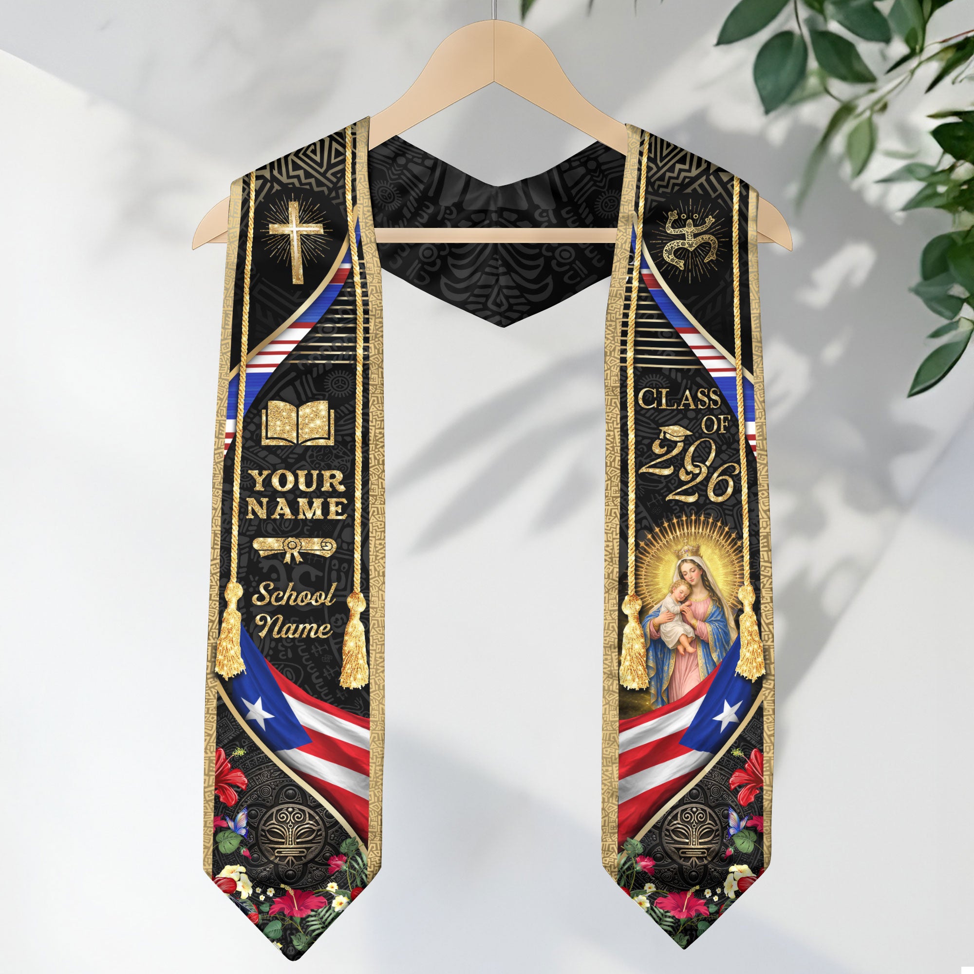 Boricua Pride Puerto Rico Graduation Stole - Custom Name School Coqui Floral Sash