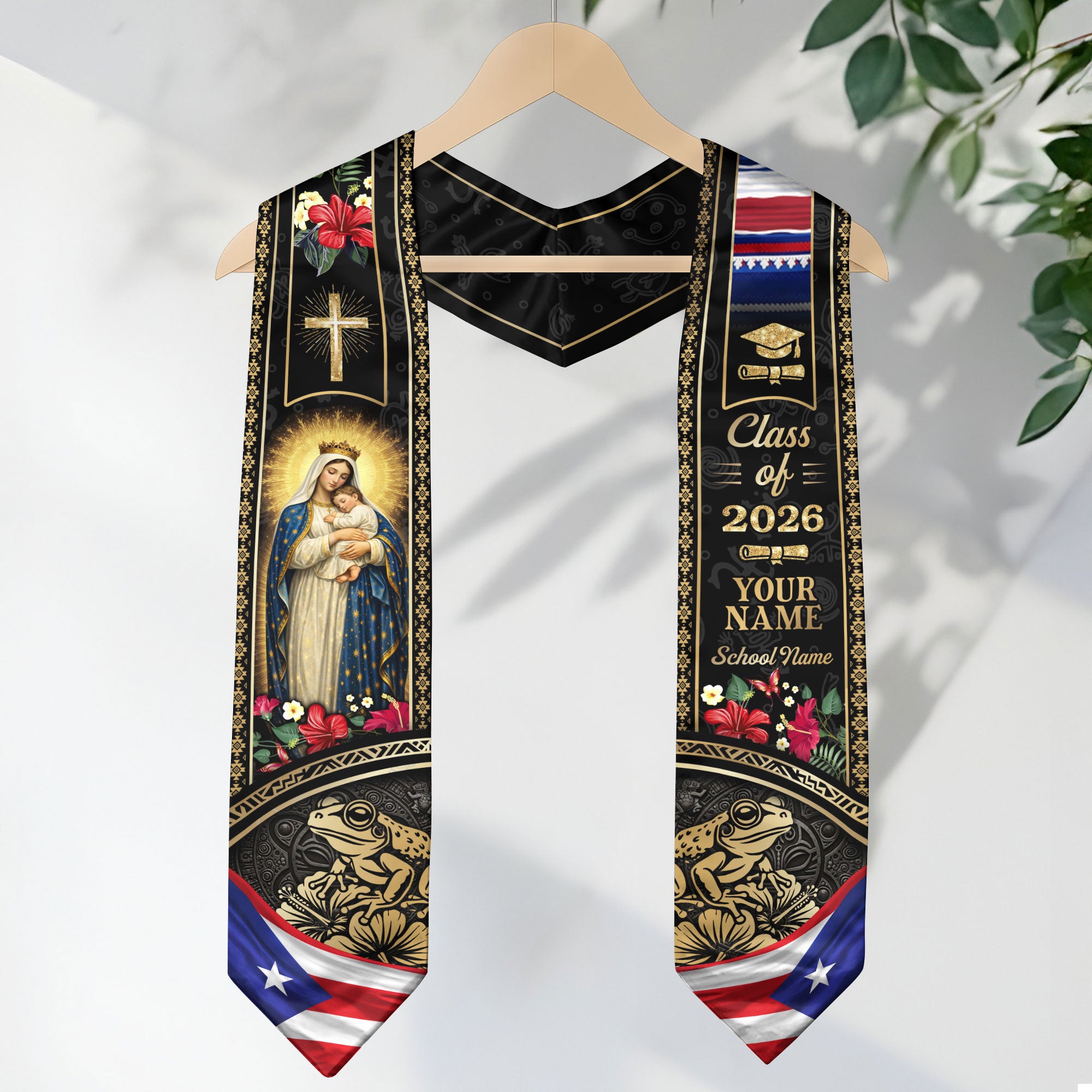 Custom Name Puerto Rico Graduation Stole 2026 - Virgin Mary & Coqui Heritage Print Sash