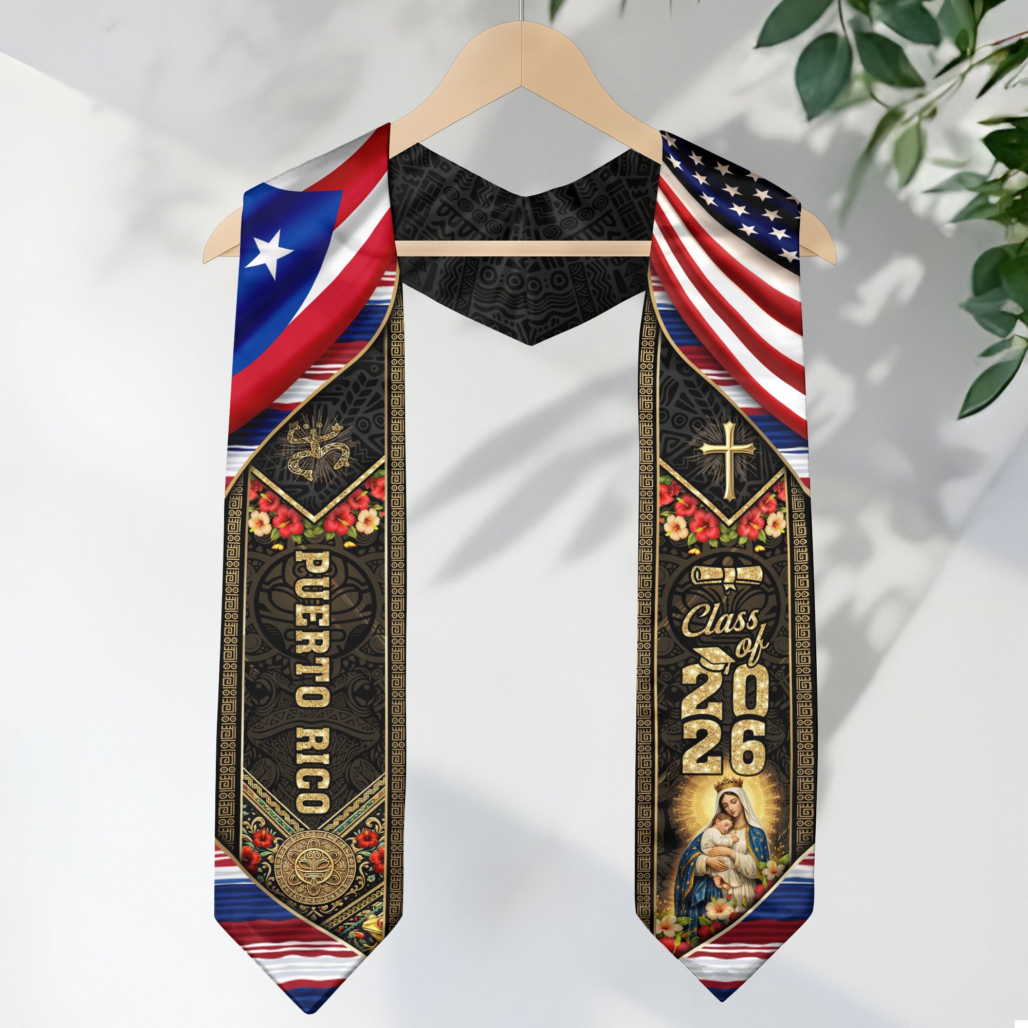 Puerto Rico USA Graduation Stole 2026 - Flag Shoulder Heritage Taino Floral Sash