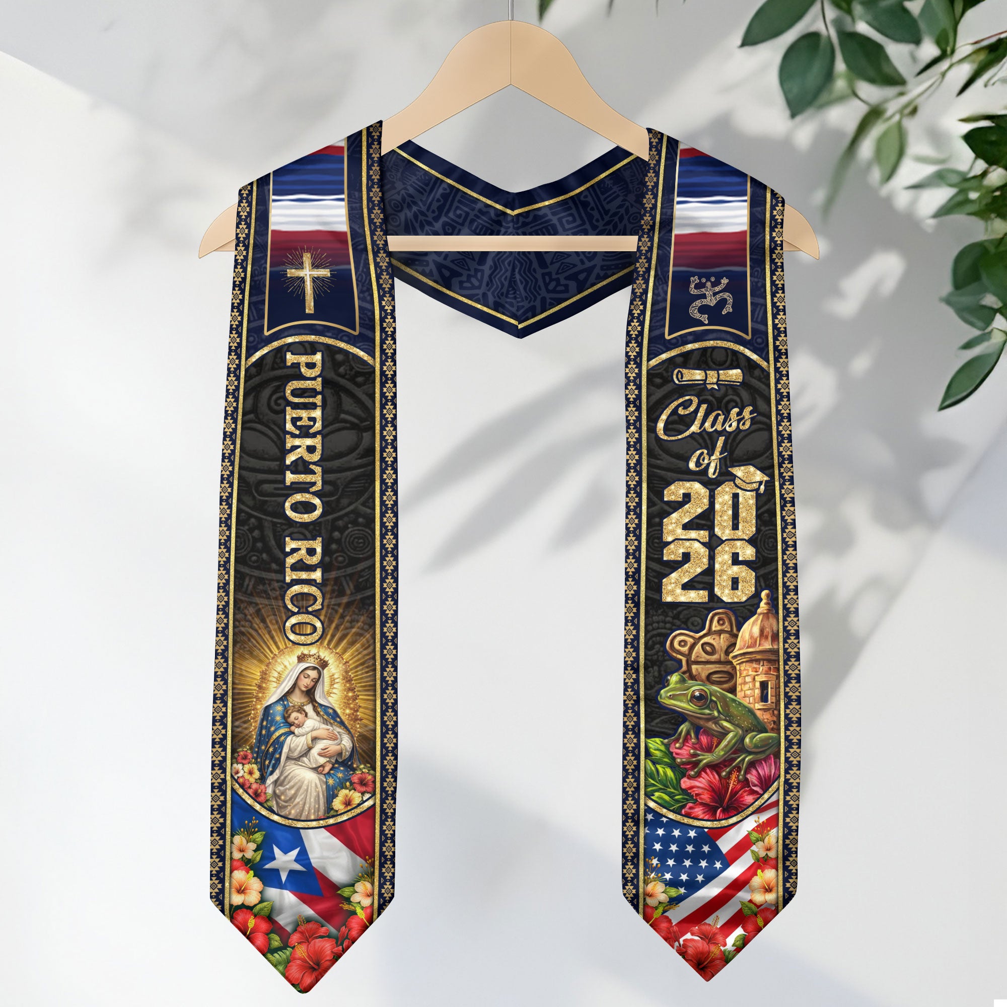 Puerto Rico USA Graduation Stole 2026 - Coqui El Morro & Taino Heritage Floral Sash