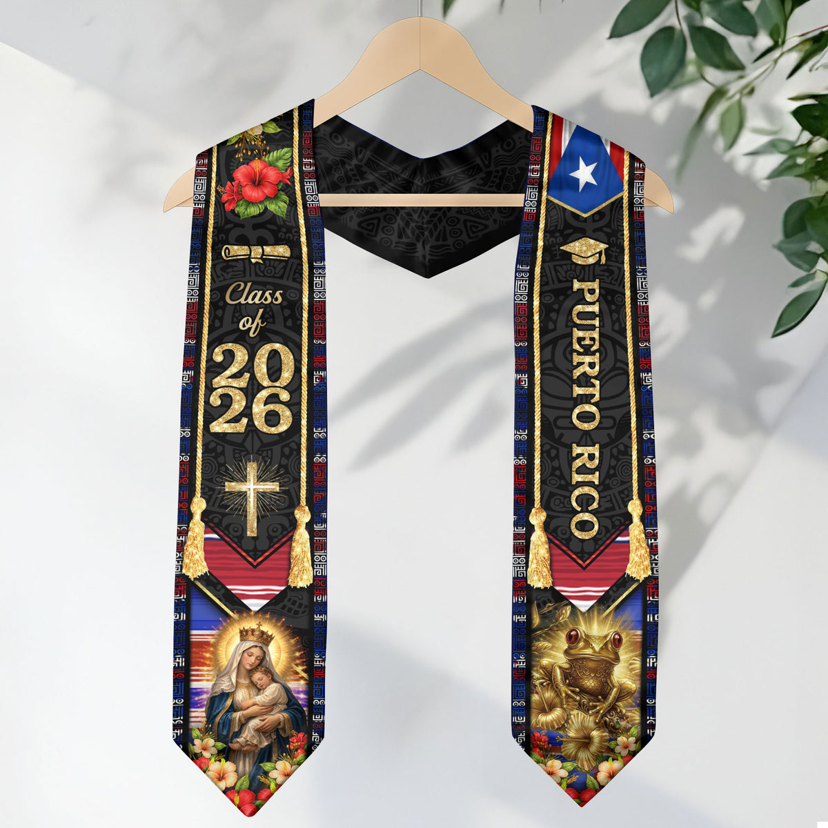 Puerto Rico Graduation Stole 2026 - Golden Tassel Coqui & Virgin Mary Heritage Sash