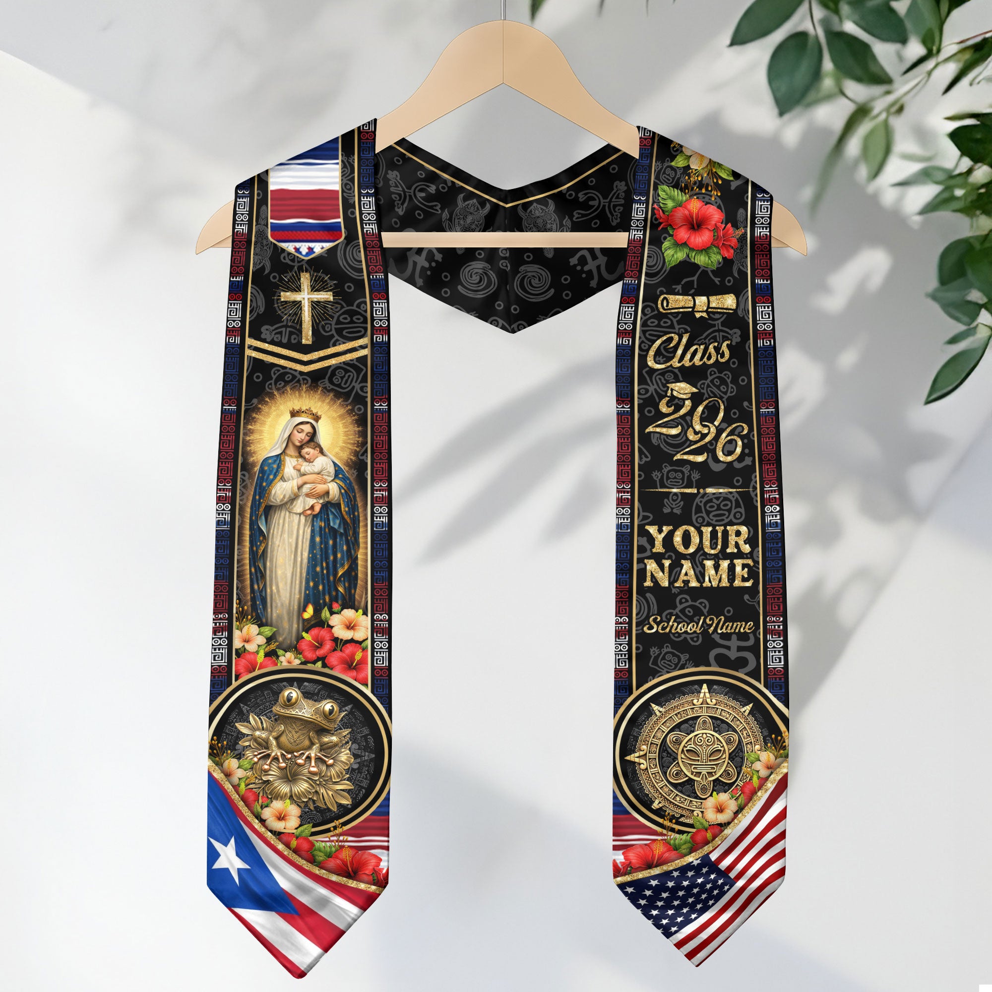 Custom Puerto Rico USA Graduation Stole 2026 Virgin Mary Cross Faith Flag Sash Gift